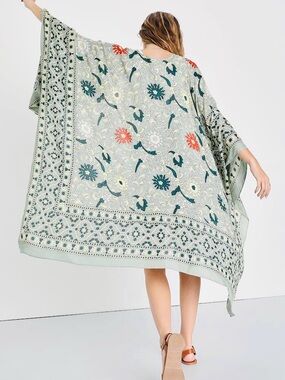 Free People Magic Dance OS Boho Sage Green Printed Shawl Coverup Beach Resort